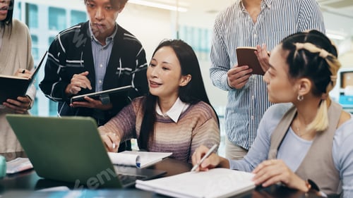 Preview: Japanese, business people and laptop with webinar, collaboration or coworking in office or meeting.