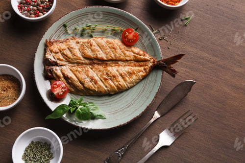Preview: White fish juicy fillet grilled on barbecue
