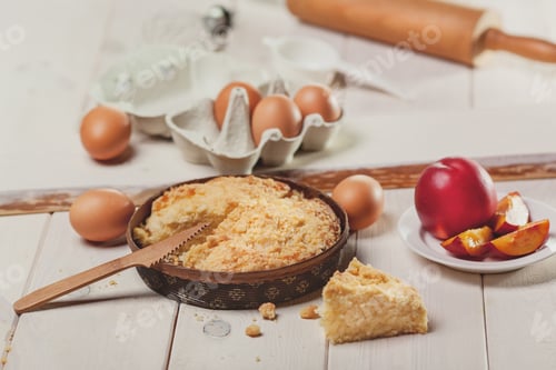 Preview: Peaches cake on white wooden planks