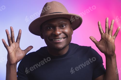 Preview: Overjoyed impressed african american man raise opened hands palms surprised wow happy emotions on
