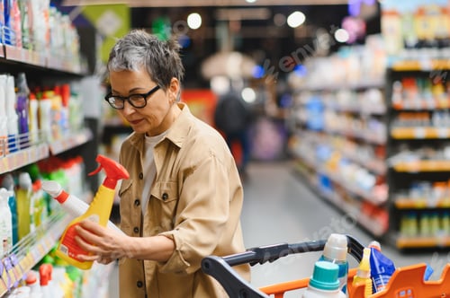 Preview: Mature woman shopping for cleaning products in supermarket aisle