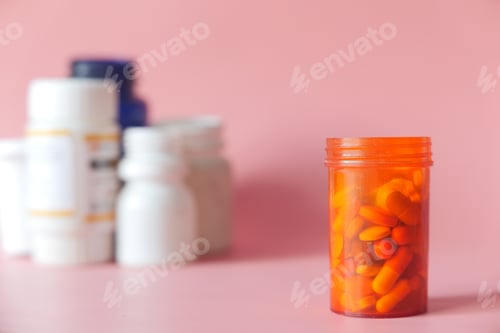 Preview: close up of pills and capsule container on pink background