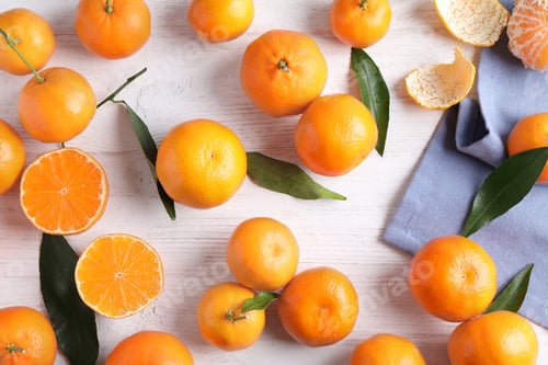 Preview: Fresh ripe tangerines on white wooden table, flat lay