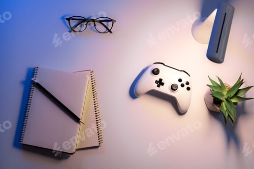 Preview: Flat lay, gamepad on the desktop at night.