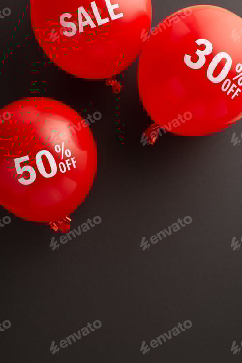 Preview: Black Friday bonanza for bargain hunters. Vertical top view of red balloons with "sale"