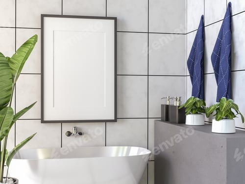 Preview: 3D Modern interior of bathroom with mockup poster frame
