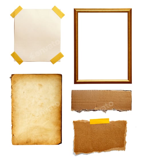 Preview: Various pieces and notepapers on white background