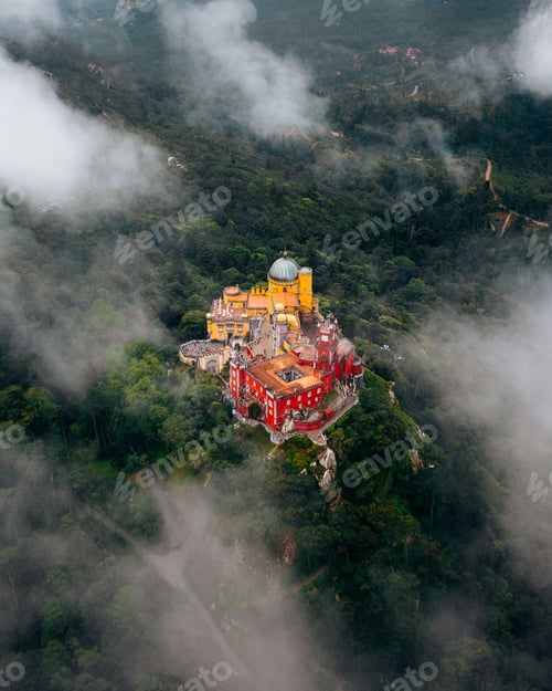 Preview: Vertical aerial shot of Pena Palace in Portugal surrounded by a huge forest