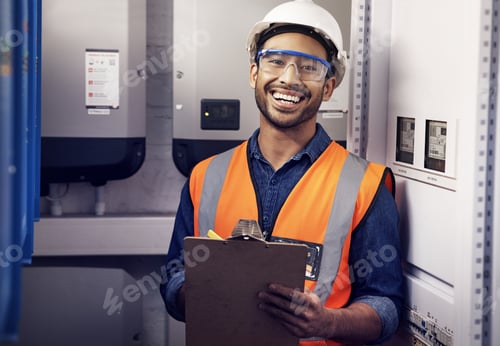 Preview: Portrait of happy man, engineering and technician at control panel, inspection and maintenance plan