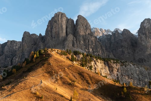 Preview: Mountain landscape of rocky dolomites. Passo Gardena South Tyrol in Italy.