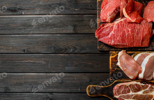 Preview: Raw meat. Different kinds of pork and beef meat.