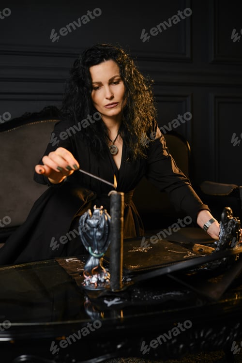 Preview: Candle lighting ritual in a dark room with a woman and decorative items on a table