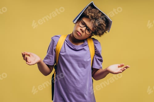 Preview: Serious African American boy, student holding backpack and books looking at camera