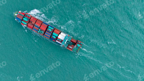 Preview: Top Ship view Cargo Container ship with contrail in the ocean ship carrying container and running
