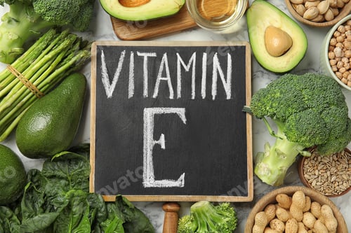 Preview: Small chalkboard with phrase Vitamin E and different products on white marble table, flat lay