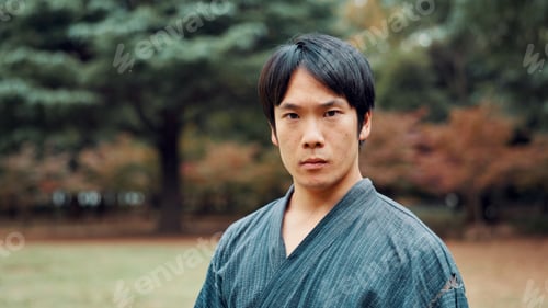 Preview: Martial arts, portrait and serious Japanese man in forest for exercise, fitness or training. Cultur