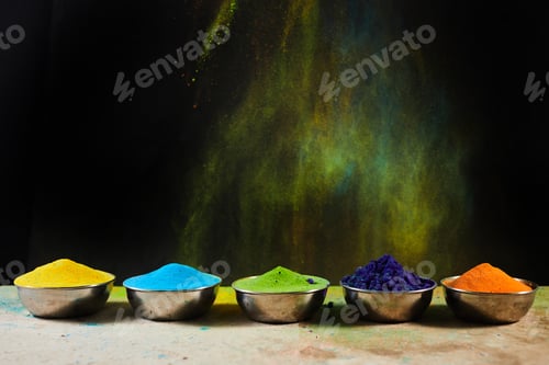 Preview: Colorful traditional Holi powder in bowls. Happy Holi. Concept Indian color festival.