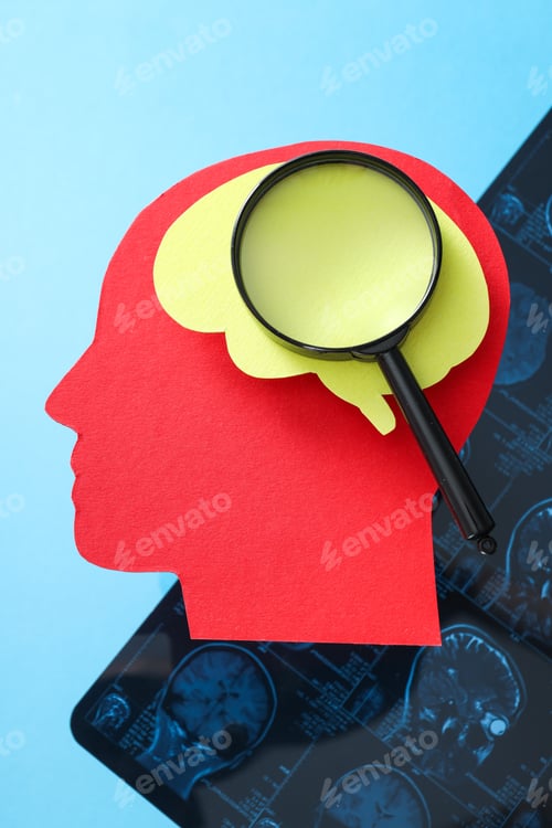 Preview: MRI images or magnetic resonance imaging with paper human head and brain.