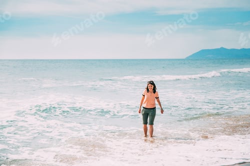 Preview: Happy Young Caucasian Lady Woman Walking In Summer Sea Ocean Bea