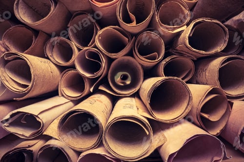 Preview: Old scroll library. Stack of ancient scrolls.