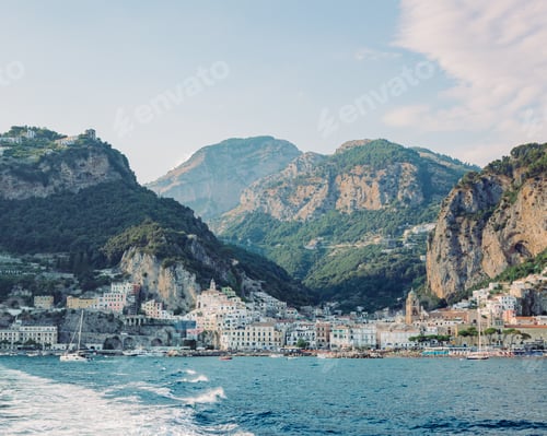 Preview: Beautiful view of Amalfi port full of boats and yachts, Campania, Italy