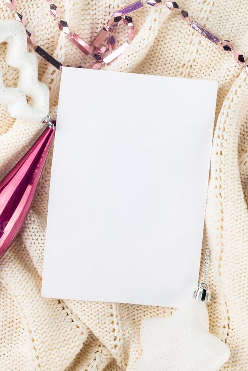 Preview: Cozy Christmas winter background, knitted sweater and xmas decor with empty blank.