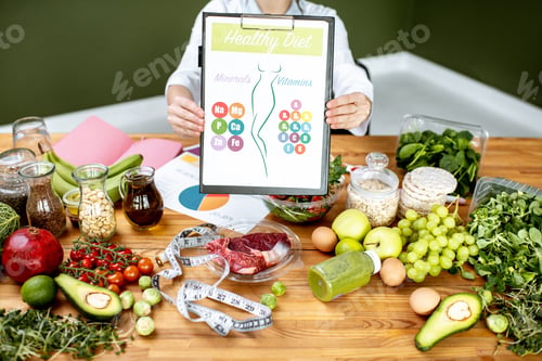 Preview: Dietitian with vitamin sheme at the table full of healthy products