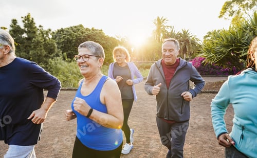 Preview: Senior people running at city park - Group of elderly friends doing sport workout together outdoor