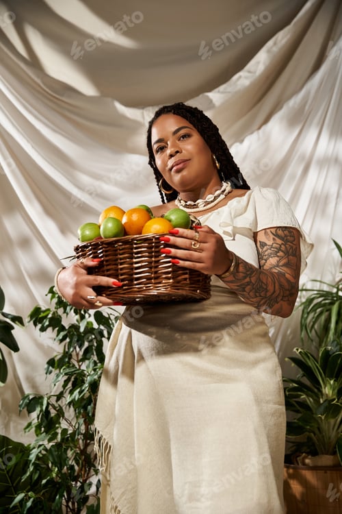 Preview: Elegant woman with braids showcases vibrant fruit basket among lush green plants