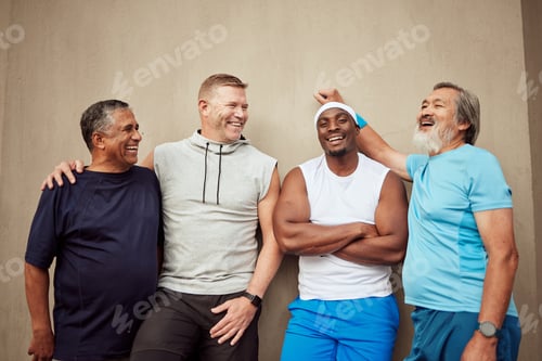 Preview: Happy men, exercise group and laughing in city on wall background outdoors. Smile, fitness and matu