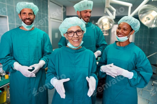 Preview: Portrait of a successful medical surgeon team inside operating room