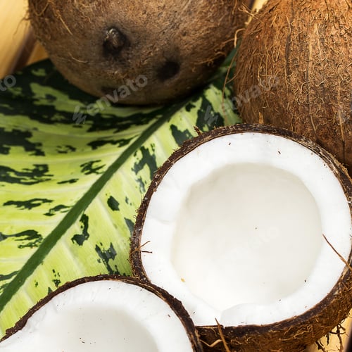 Preview: Closeup of Fresh coconuts and green tropical leaf