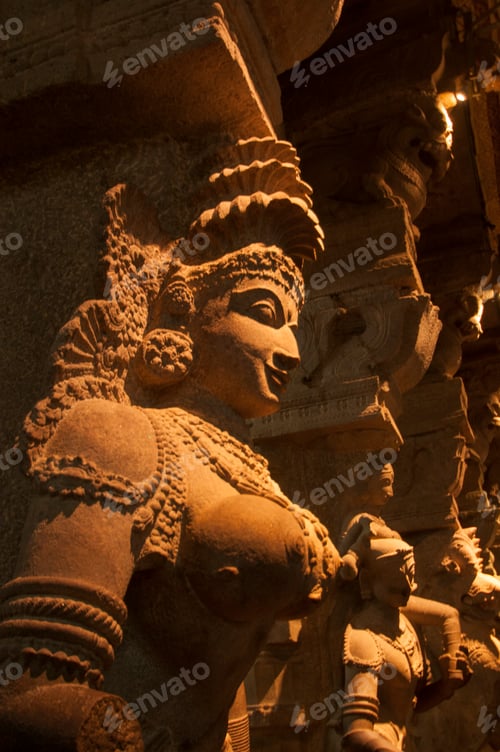 Preview: Carved sculpture of Hindu god and goddess at Meenakshi temple, Madurai, Tamil Nadu, India.