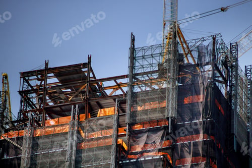 Preview: Construction work site residential lots of tower construction site with cranes and building with bl