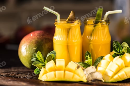 Preview: Mango juice and mango on wood table