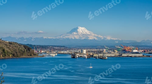 Preview: A View Of The Port Of Tacoma With Mount Rainier In The Distance.