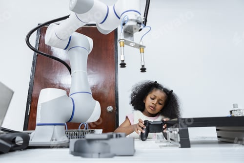 Preview: Children girl African American using joystick and Girl African American control smart