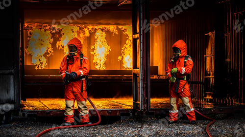 Preview: Firefighter Concept. Fireman using water and extinguisher to fighting with fire flame.