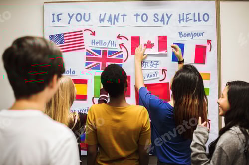 Preview: Teenager people at the national flags board