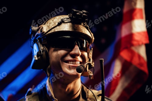 Preview: Portrait of special forces soldier in glasses and helmet against US national flag