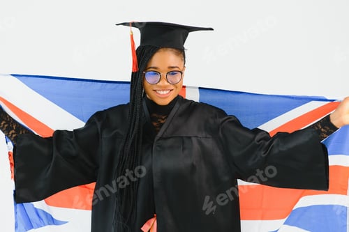 Preview: Beautiful African-American girl with flag of Great Britain as background. Learning English