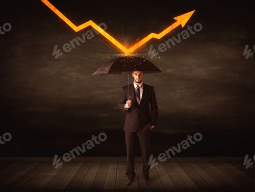 Preview: Businessman Standing With Umbrella Keeping Orange Arrow Concept On Background
