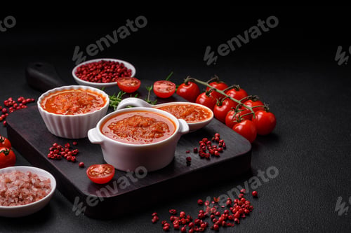 Preview: Delicious spicy tomato sauce with pepper, garlic, salt, spices and herbs