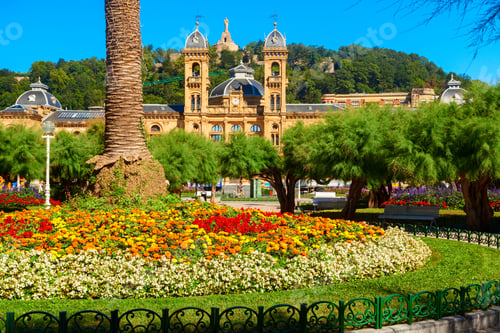 Preview: San Sebastian Town Hall in the square with flowers and trees, Basque Country, Spain