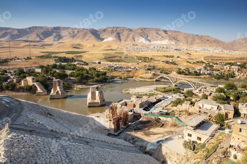 Preview: Hasankeyf before being flooded. View from Hasankeyf castle. Hasankeyf bridge, Historical Hasankeyf.