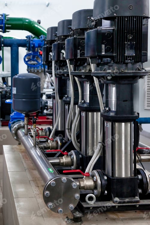 Preview: Industrial interior of water pump, valves, pressure gauges