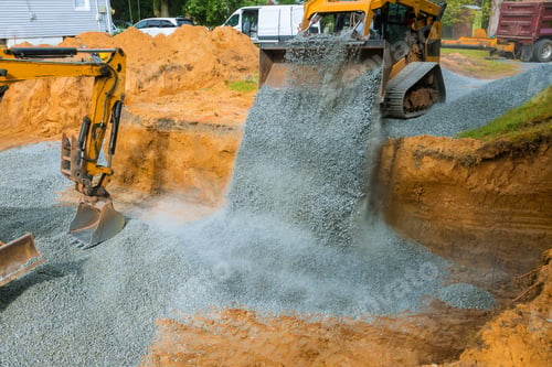 Preview: Yellow excavator unloading gravel at construction work equipment machinery for construction of