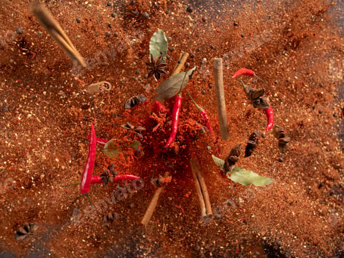Preview: Exotic spices and chilli pepper flying on. Hot spices concept