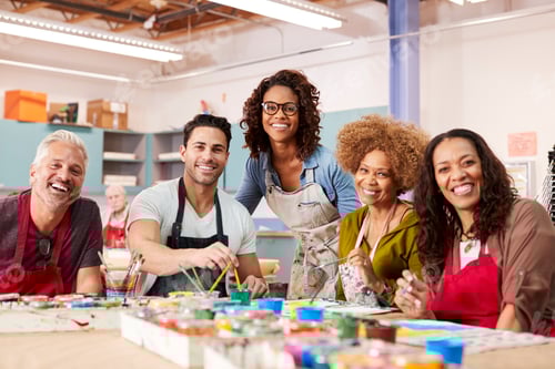 Preview: Portrait Of Mature Adults Attending Art Class In Community Centre With Teacher