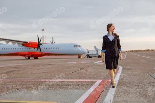 Preview: Female flight attendant walking down airfield under white sky